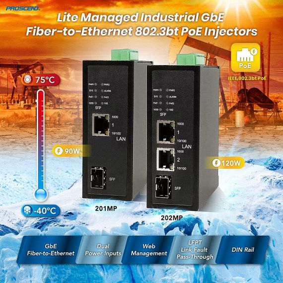 PROSCEND запускает 1-портовые и 2-портовые легкие управляемые промышленные инжекторы GbE Fiber-to-Ethernet 802.3bt PoE.